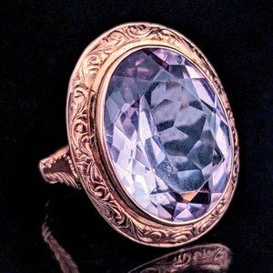 Antique Amethyst 10-14k Rose Gold Cocktail Ring Foliate Goldwork Carving Estate